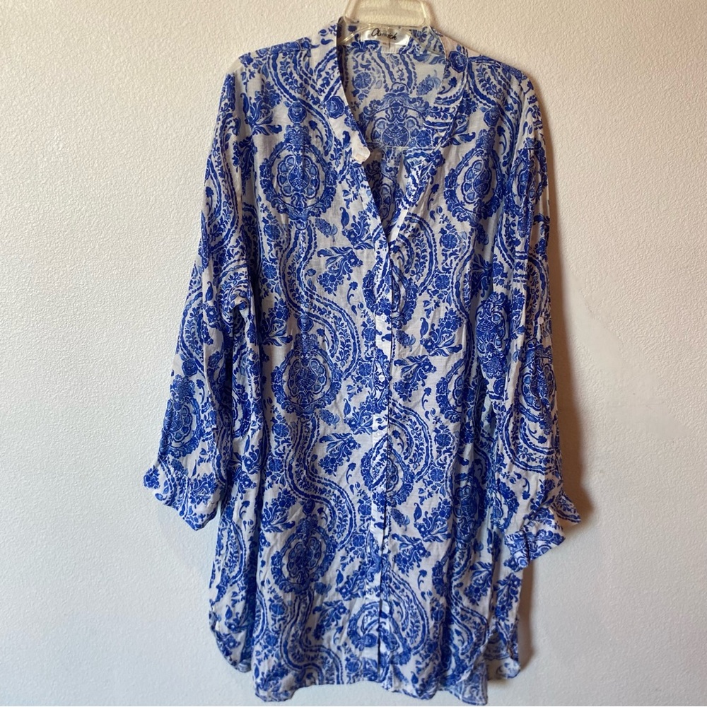 Annick Blue & White Fliral Paisley Tunic Shirt Dress